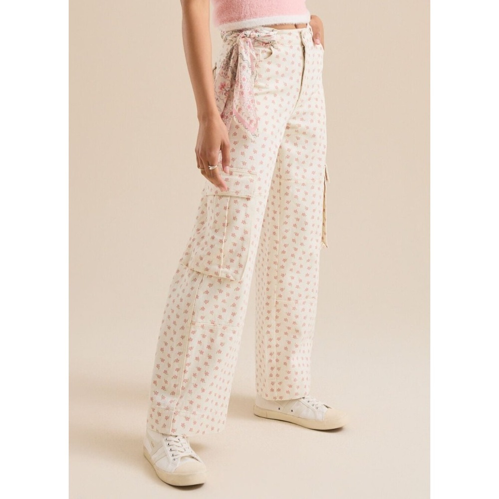 Altar'd State Ellis Floral Cargo Pants Cream Pink High Rise Wide Leg Size Medium - Picture 15 of 16